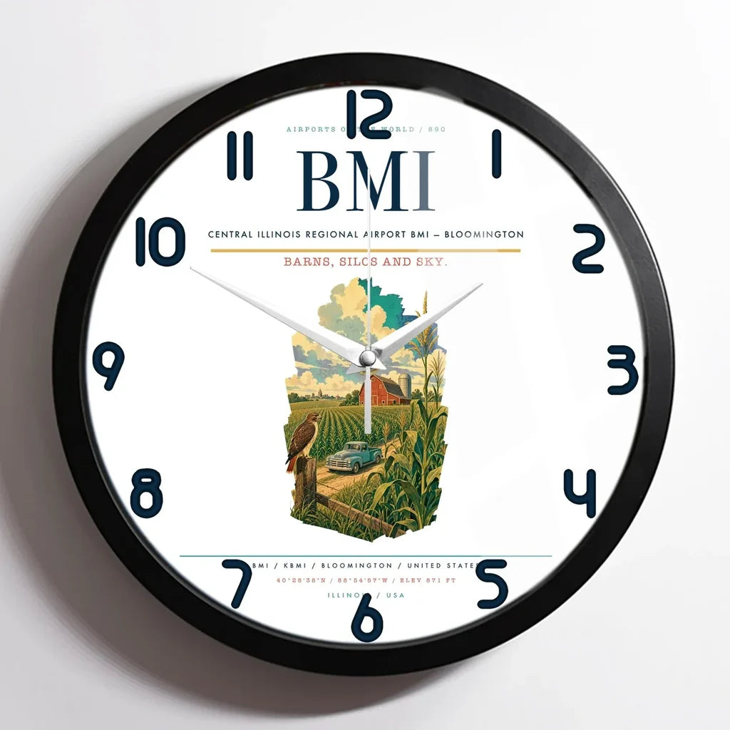 Central Illinois Regional Airport (BMI) design on white framed wall clock