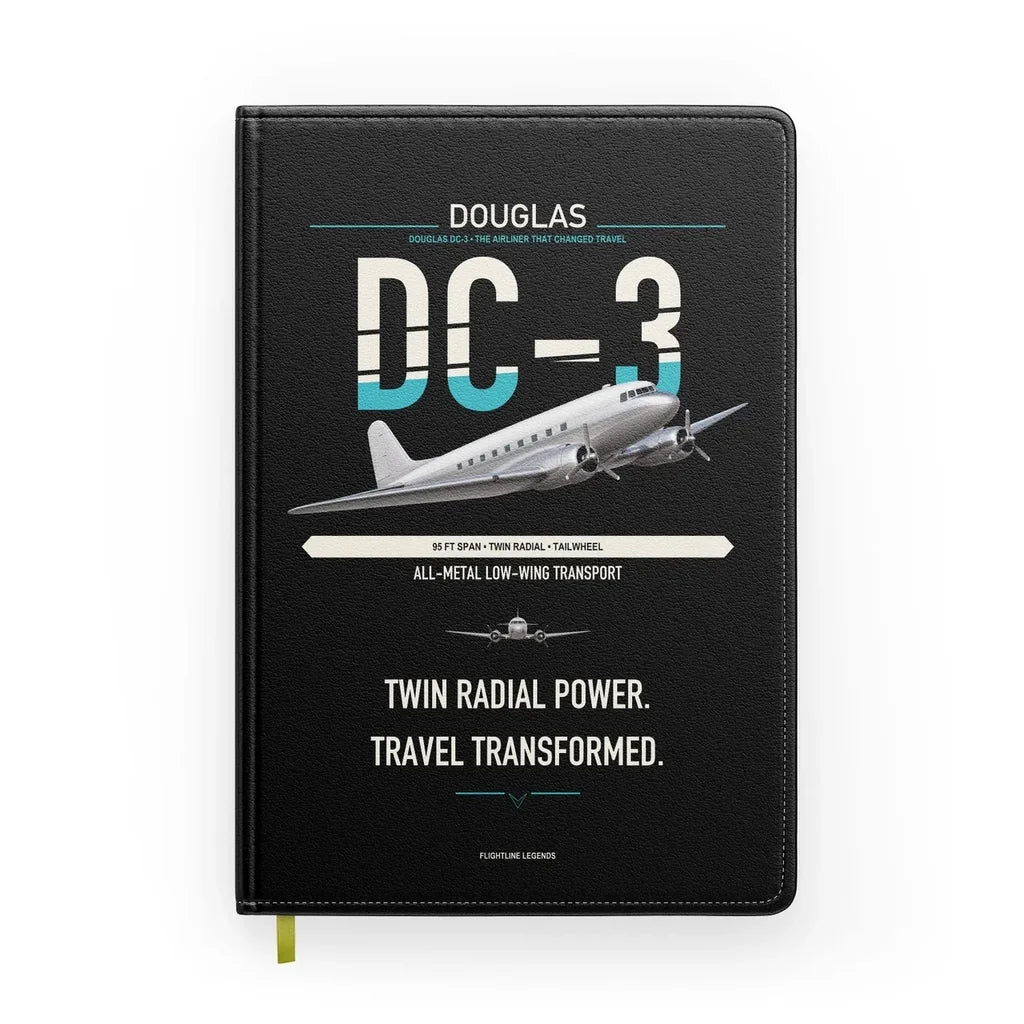 Douglas DC-3 design on black notebook