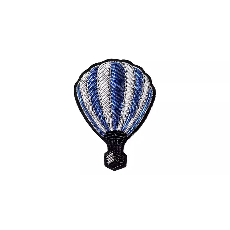 Blue Hot Air Balloon Embroidery aviation brooch, polished alloy body with engraved detail.