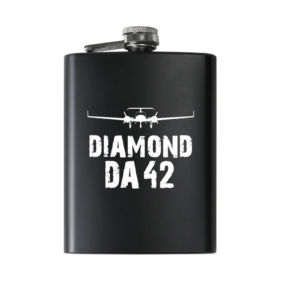 Diamond DA42 & Plane aviation design on stainless hip flask, compact pocket-size flask.