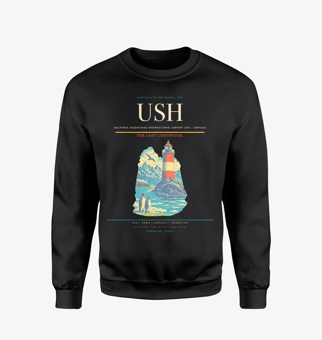 Malvinas Argentinas International Airport (USH) design on black sweatshirt
