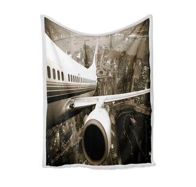 Departing Aircraft & City Scene behind Bed Blankets & aviation print on soft fleece blanket.