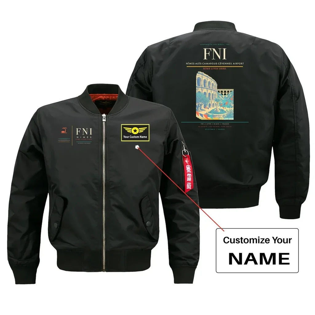 Nîmes-Alès-Camargue-Cévennes Airport (FNI) design on black bomber jacket with custom name patch