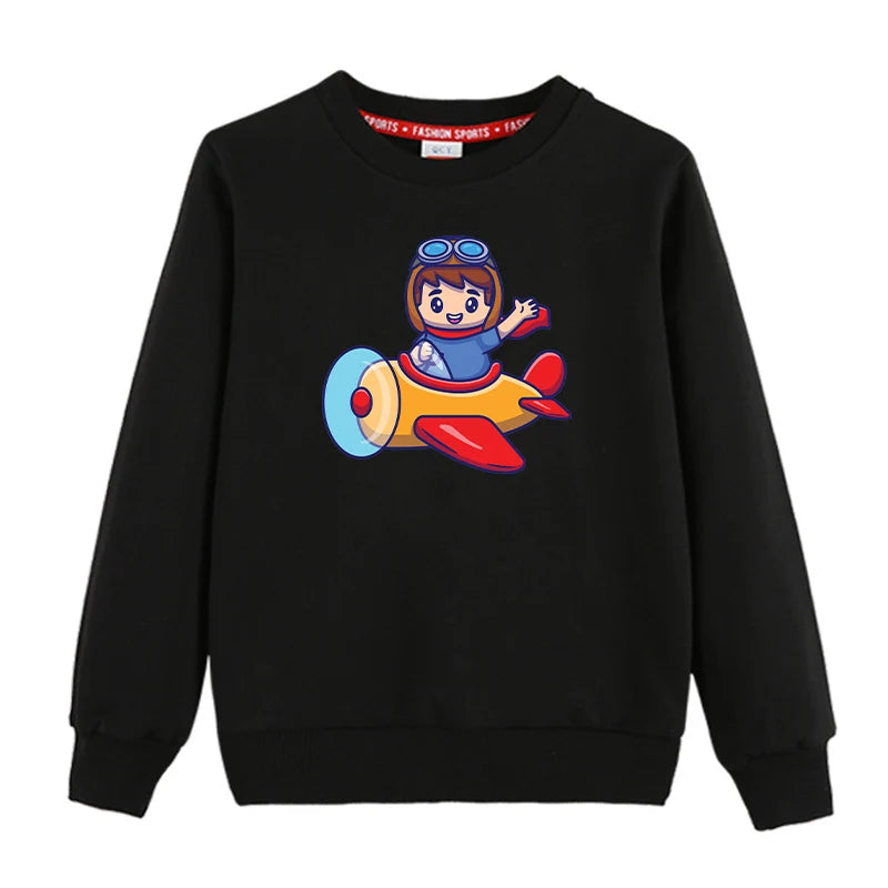 Cute Boy Driving Plane Cartoon "CHILDREN" aviation design printed on soft cotton blend kids' sweatshirt.