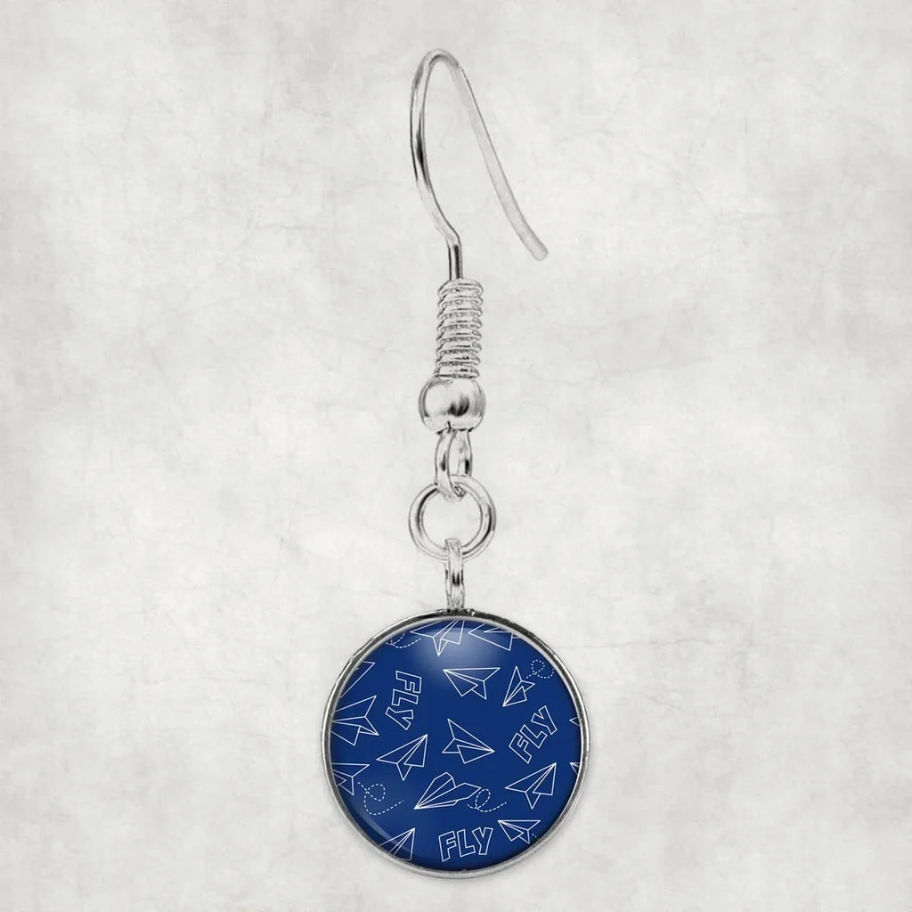 Side view of Paper Airplane & Fly (Blue) aviation earrings in hypoallergenic alloy, polished finish.