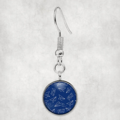 Side view of Paper Airplane & Fly (Blue) aviation earrings in hypoallergenic alloy, polished finish.