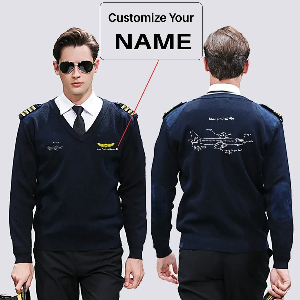 How Planes Fly aviation design on premium wool blend wool pilot sweater.