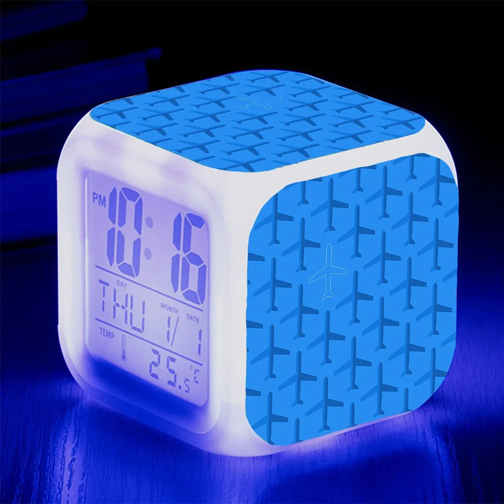 Blue Seamless Airplanes "7 Colour" Digital Alarm aviation themed table clock, premium wood and metal.