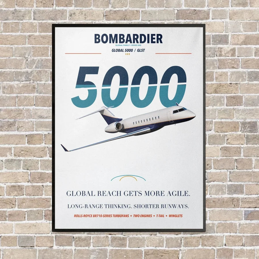 Bombardier Global 5000 vertical canvas print - framed - white background