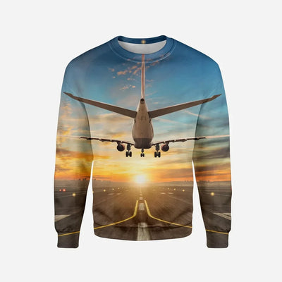 Airplane over Runway Towards the Sunrise Printed aviation design printed on soft cotton blend 3D sweatshirt.