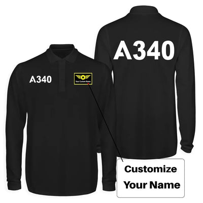 Airbus A340 Flat Text Long Sleeve Polo T-Shirts (Double-Side) aviation design printed on soft cotton long-sleeve double-side.