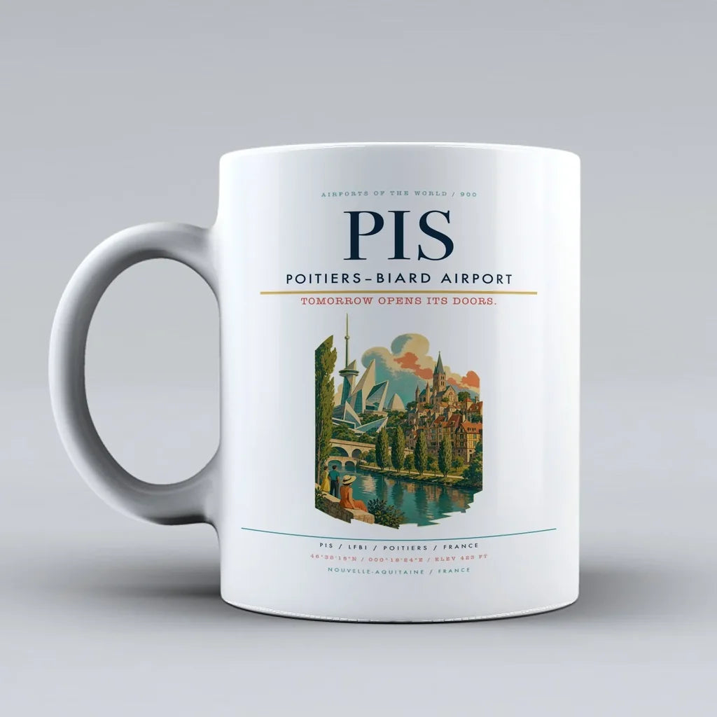 Poitiers–Biard Airport (PIS) airport code design on white ceramic mug