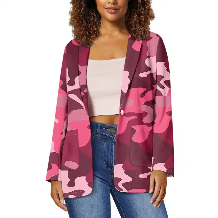 Military Camouflage Red aviation design on premium cotton blend 3D-printed women's casual blazer suit.