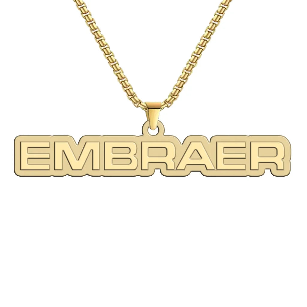 Embraer & Text Hollow Necklac aviation-themed hollow necklace, polished metal.