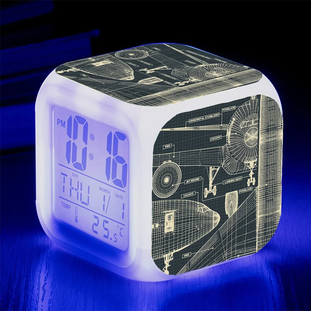 Airplanes Fuselage & Details "7 Colour" Digital Alarm aviation themed table clock, premium wood and metal.