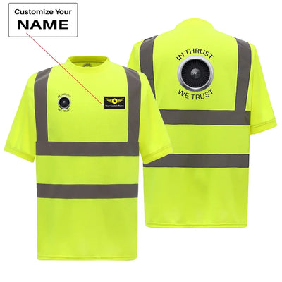 In Thrust We Trust aviation design printed on soft cotton reflective T-shirt.