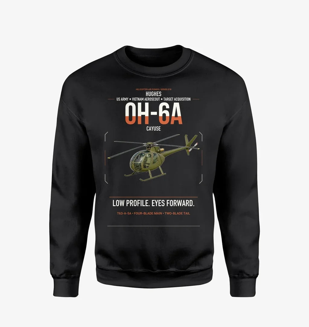 Hughes OH-6A Cayuse design on black sweatshirt