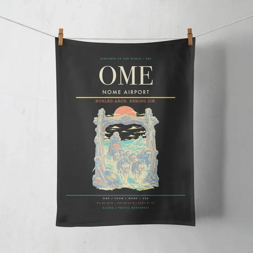Nome Airport (OME) design on black towel