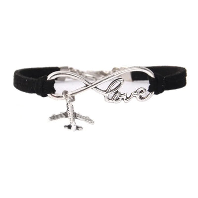Side view of Love & Airplane Shape aviation bracelet in polished metal, polished finish.