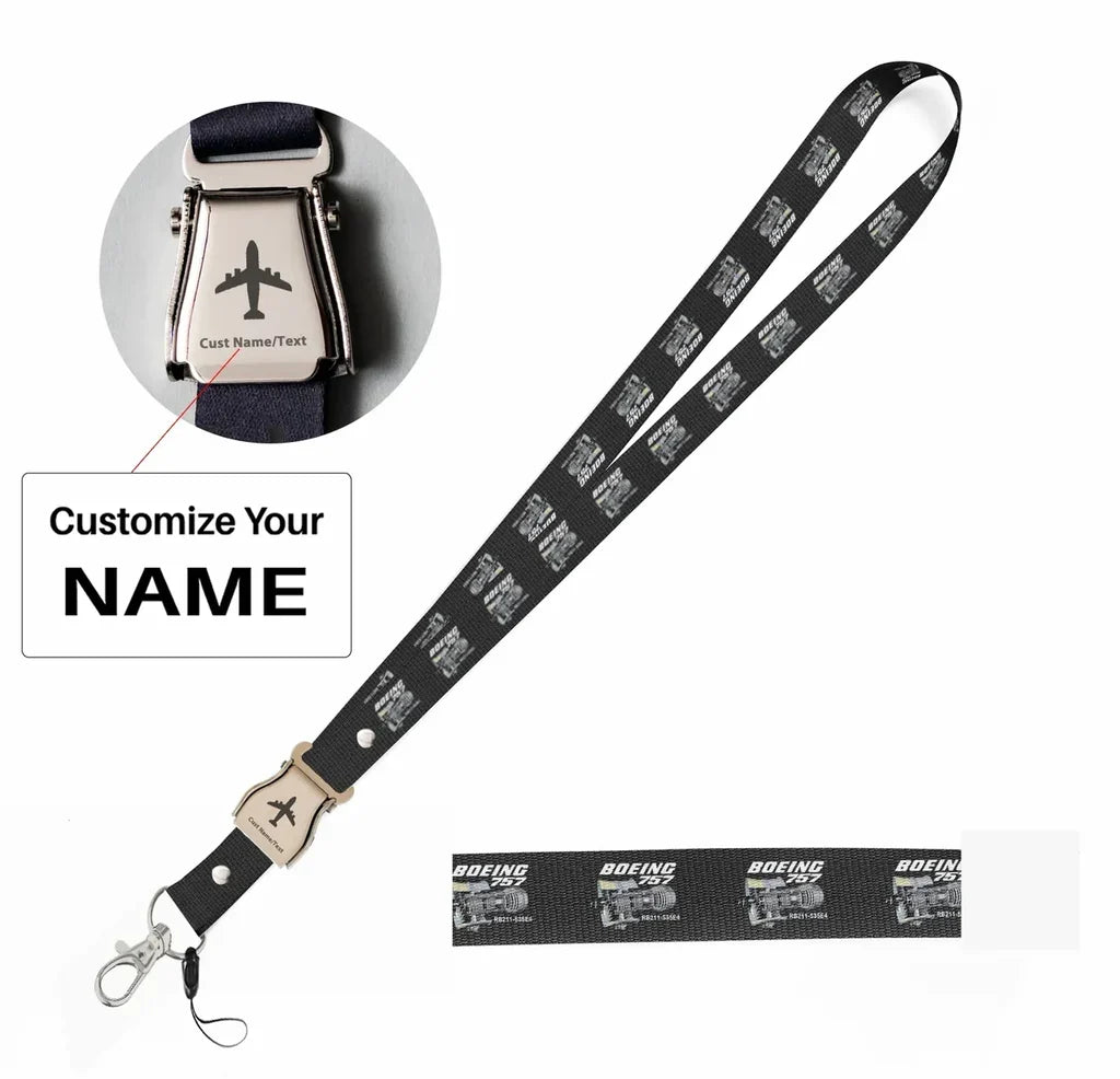 Boeing 757 & Rolls Royce Engine (RB211) seat belt lanyard - black with name