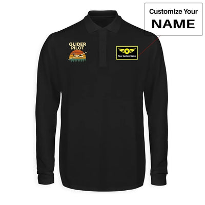 Retro Glider aviation design printed on soft cotton long-sleeve polo shirt.