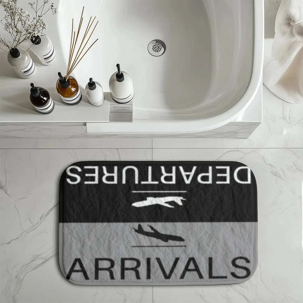 Departure and Arrivals (Gray) aviation print bath mat, soft absorbent fabric with non-slip backing.