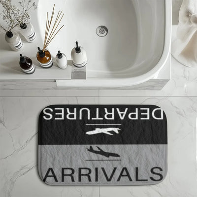 Departure and Arrivals (Gray) aviation print bath mat, soft absorbent fabric with non-slip backing.