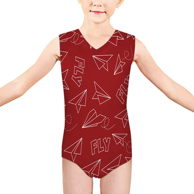 Paper Airplane & Fly (Red) aviation print on kids quick-dry fabric swimsuit.