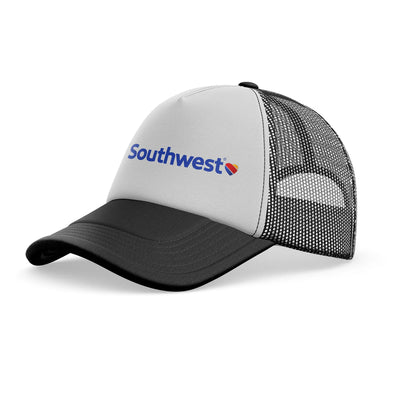 Southwest Airlines aviation embroidery on mesh-back cotton trucker cap.