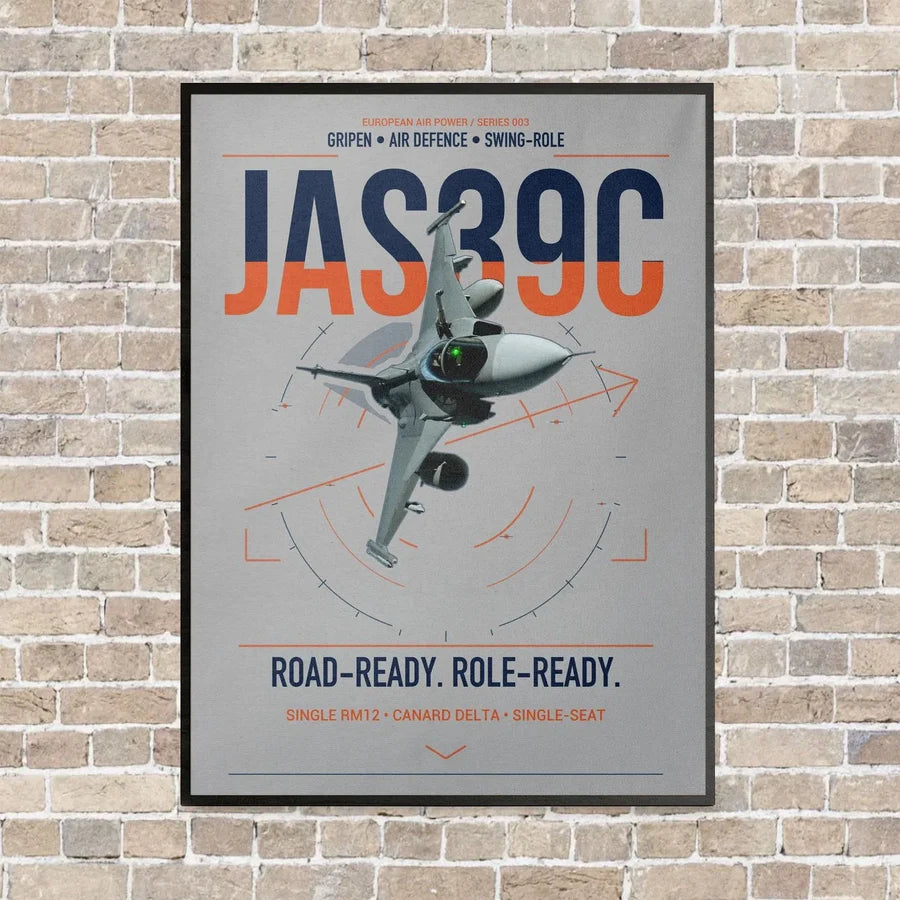 Saab JAS 39C Gripen vertical canvas print - framed - light gray background