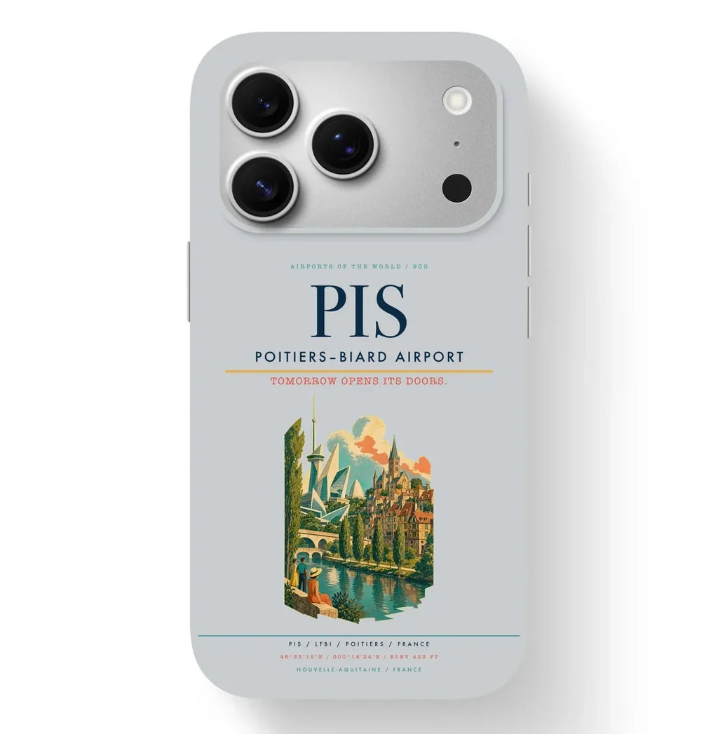 Poitiers Airport (PIS) design on light gray iPhone 17 Pro MagSafe case