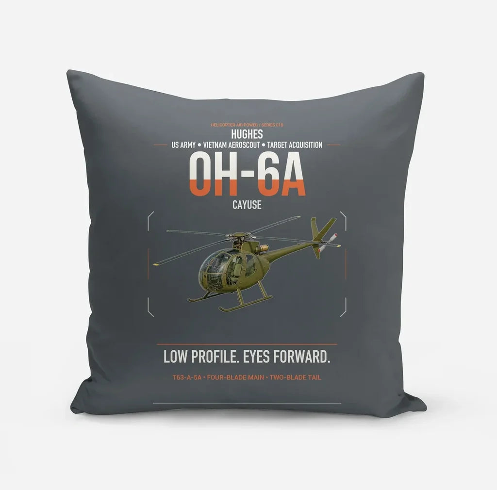 Hughes OH-6A Cayuse design on gray pillow