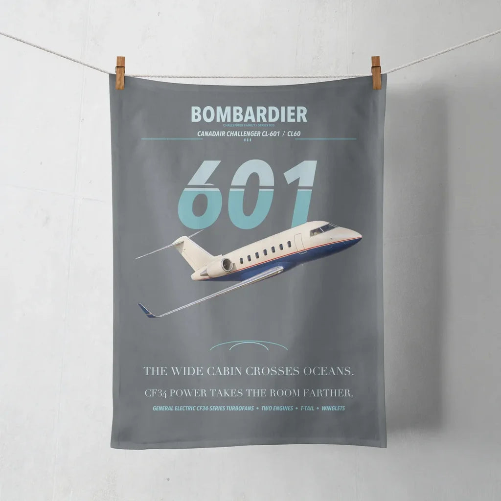 Bombardier Challenger 601 design on gray towel