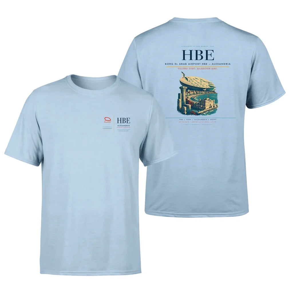 Borg El Arab Airport (HBE) design printed on light blue double-side t-shirt