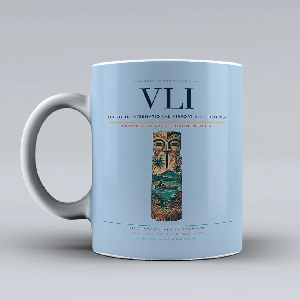 International Airport VLI — Port Vila Mug design on light blue bauerfield