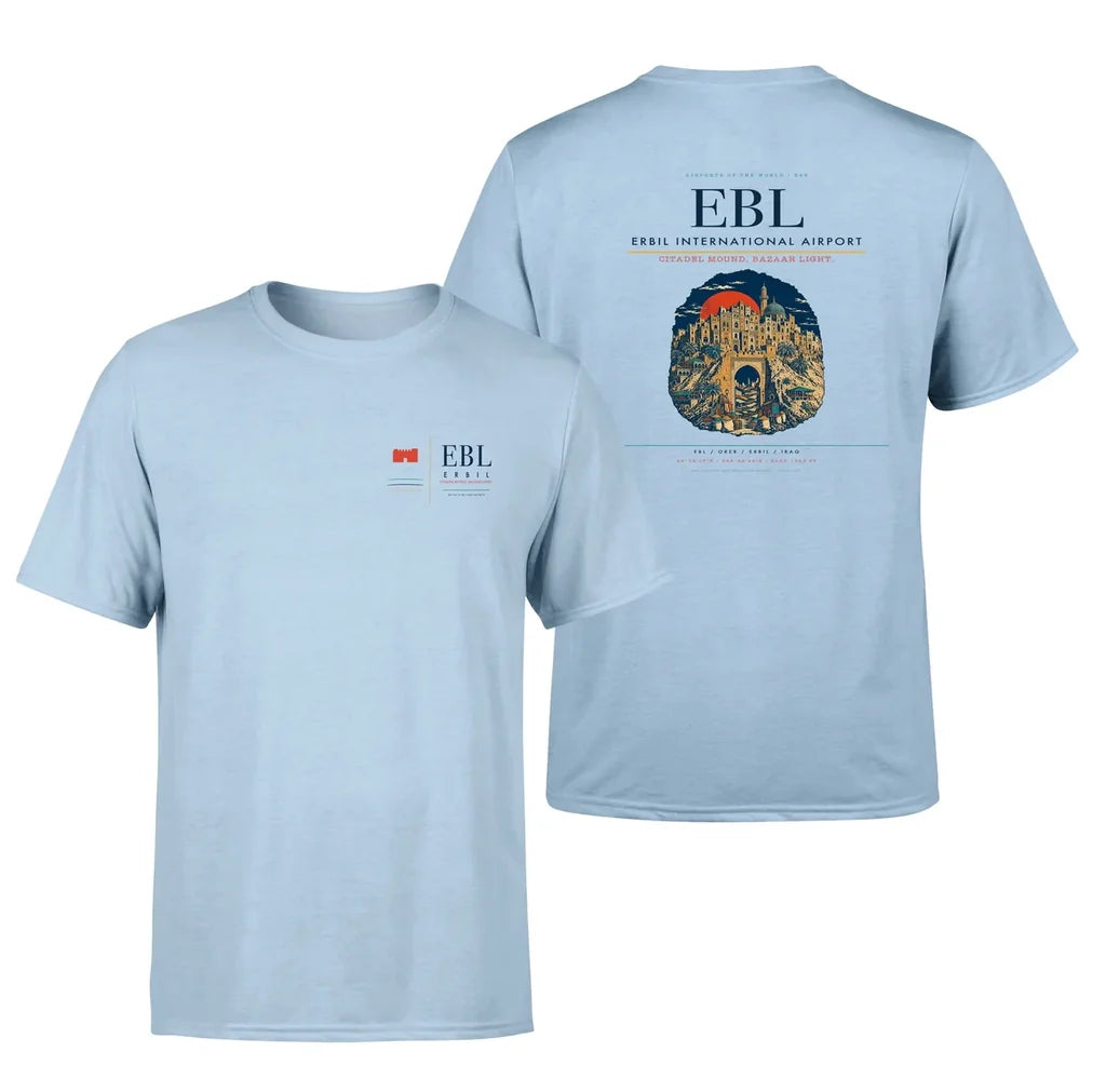 Erbil International Airport (EBL) design printed on light blue double-side t-shirt