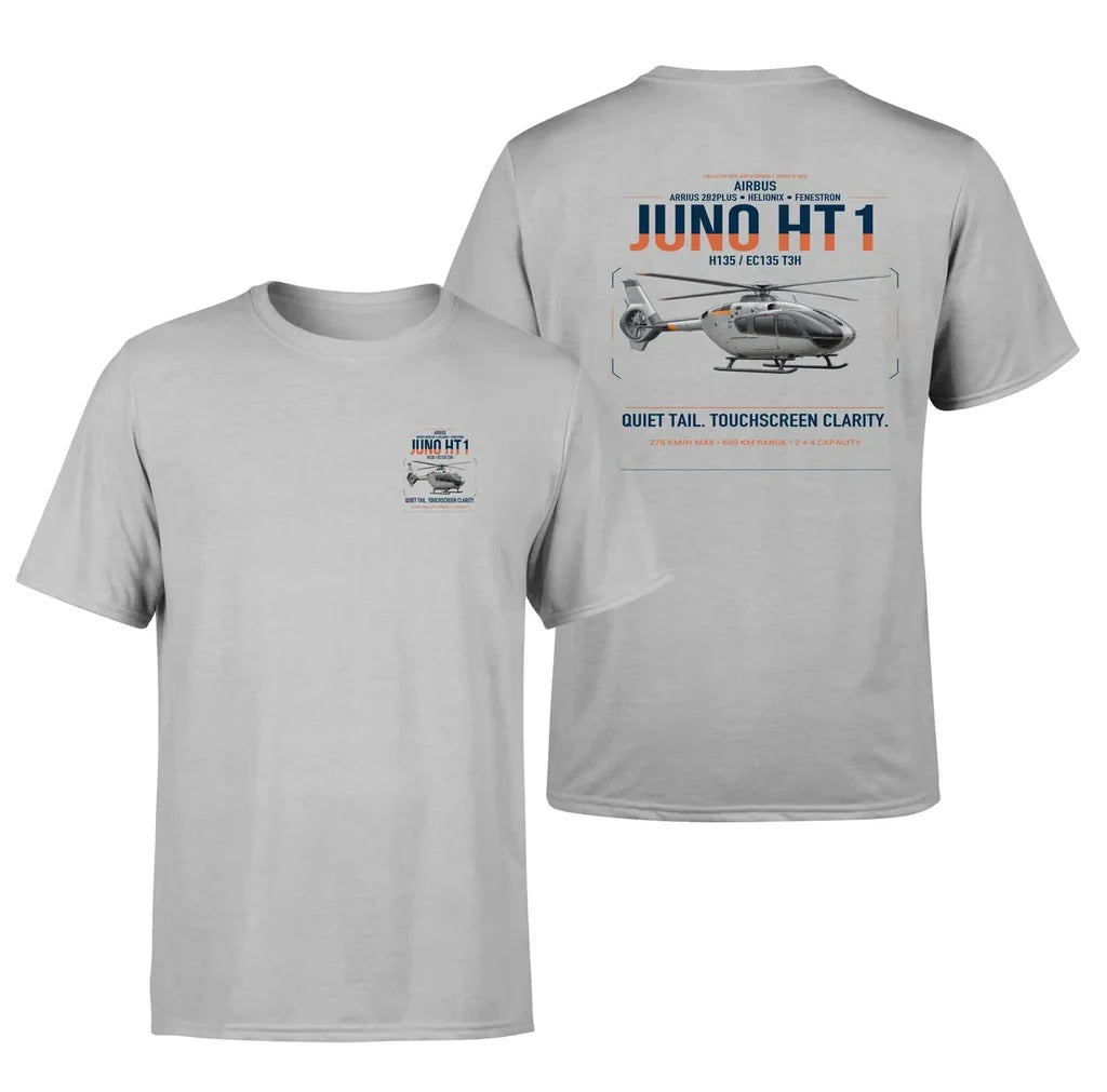 Airbus H135 Juno HT1 design on light gray t-shirt, double-side print