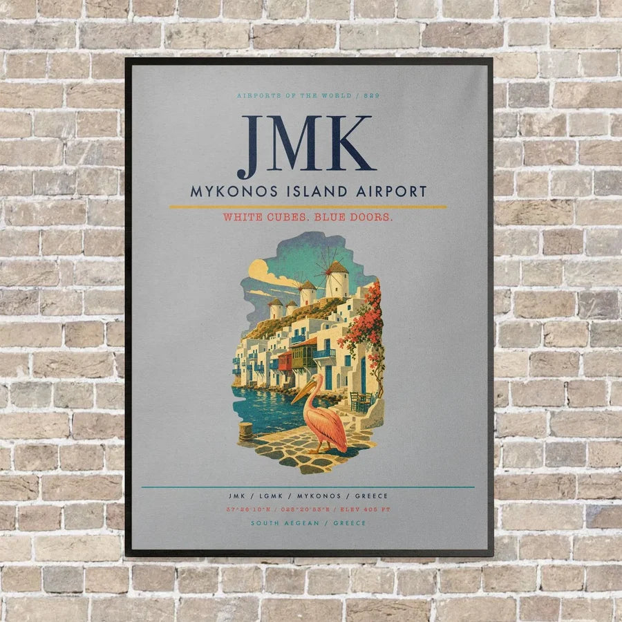 Mykonos Island Airport JMK vertical canvas print - framed - light gray background