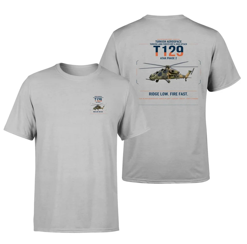 Turkish Aerospace T129 ATAK Phase 2 design on light gray t-shirt, double-side print