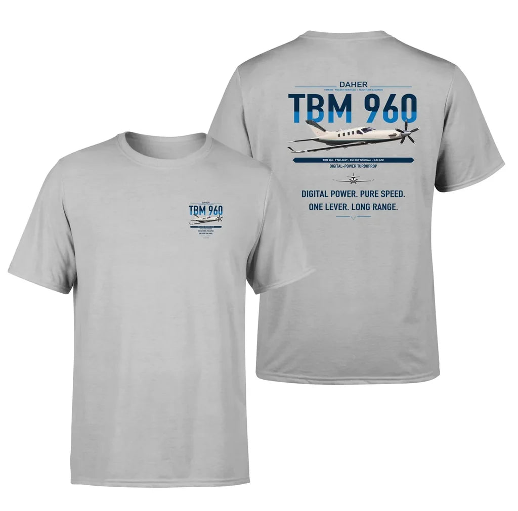 Daher TBM 960 design on light gray t-shirt, double-side print