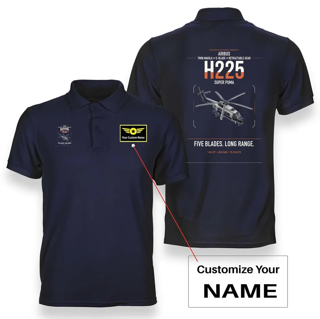 Airbus H225 design on navy blue+name double-side polo t-shirt, double-side print