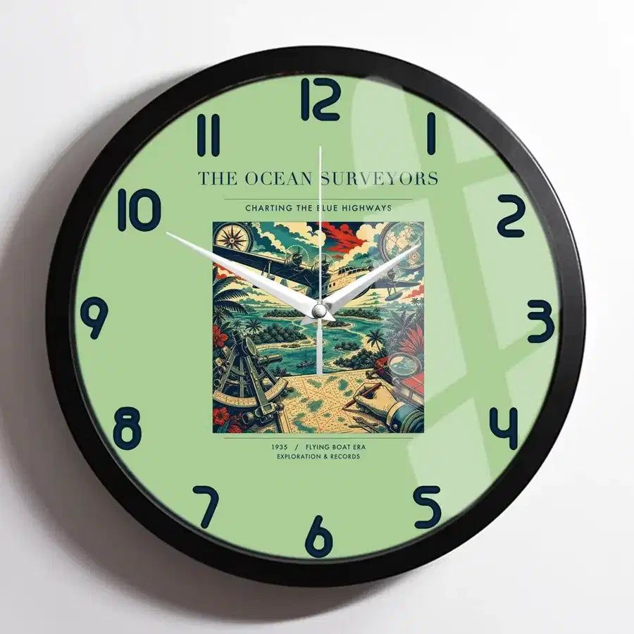 VINTAGE G4064 - The Ocean Surveyors - Designed Wall Clocks design on lightgreen framed