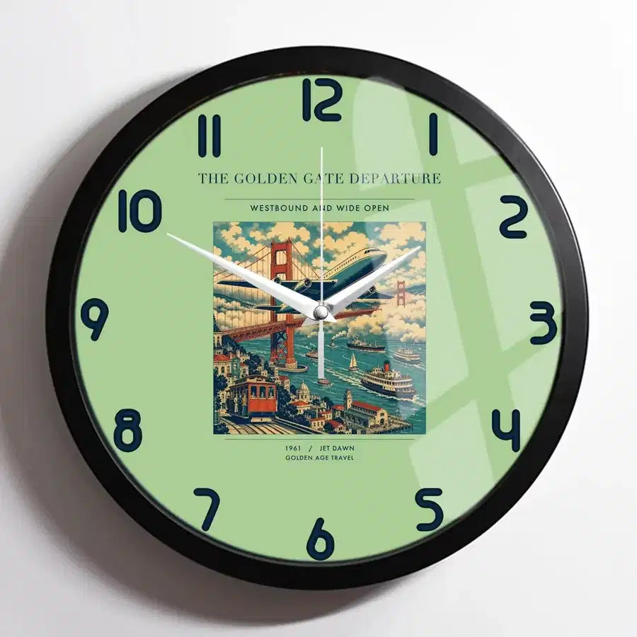 VINTAGE G4116 - The Golden Gate Departure - Designed Wall Clocks design on lightgreen framed