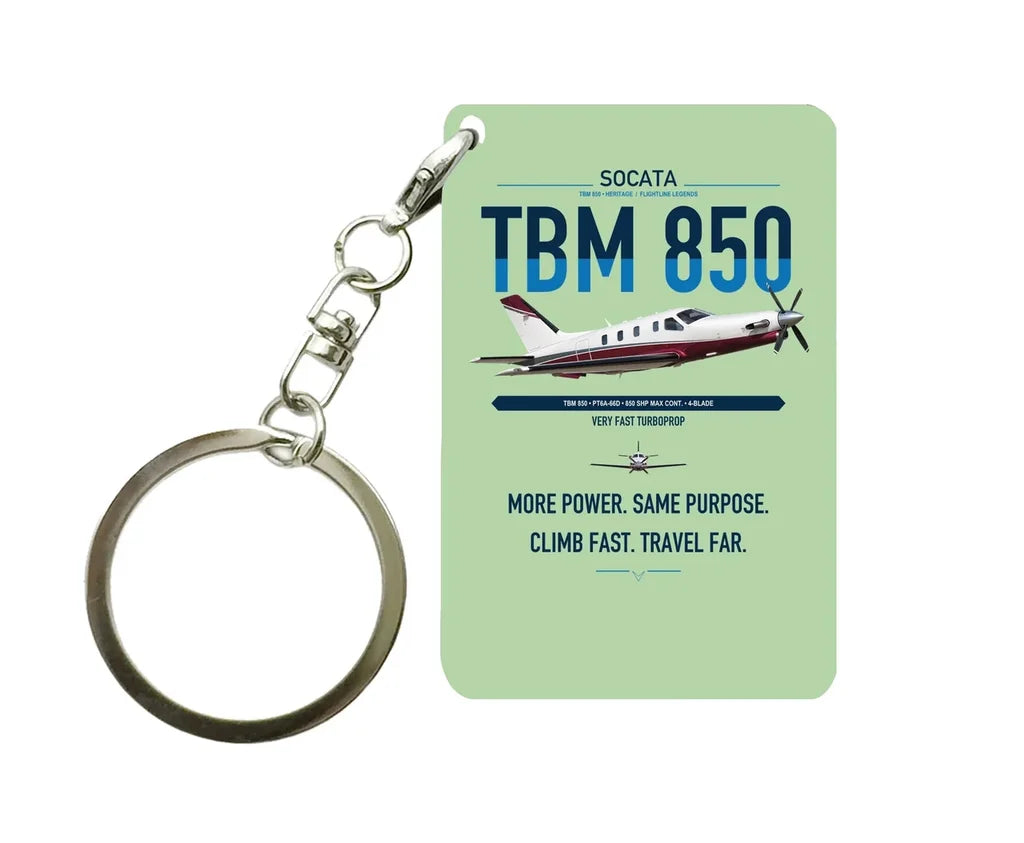 Socata TBM 850 design on light green designed key chain, double-side print