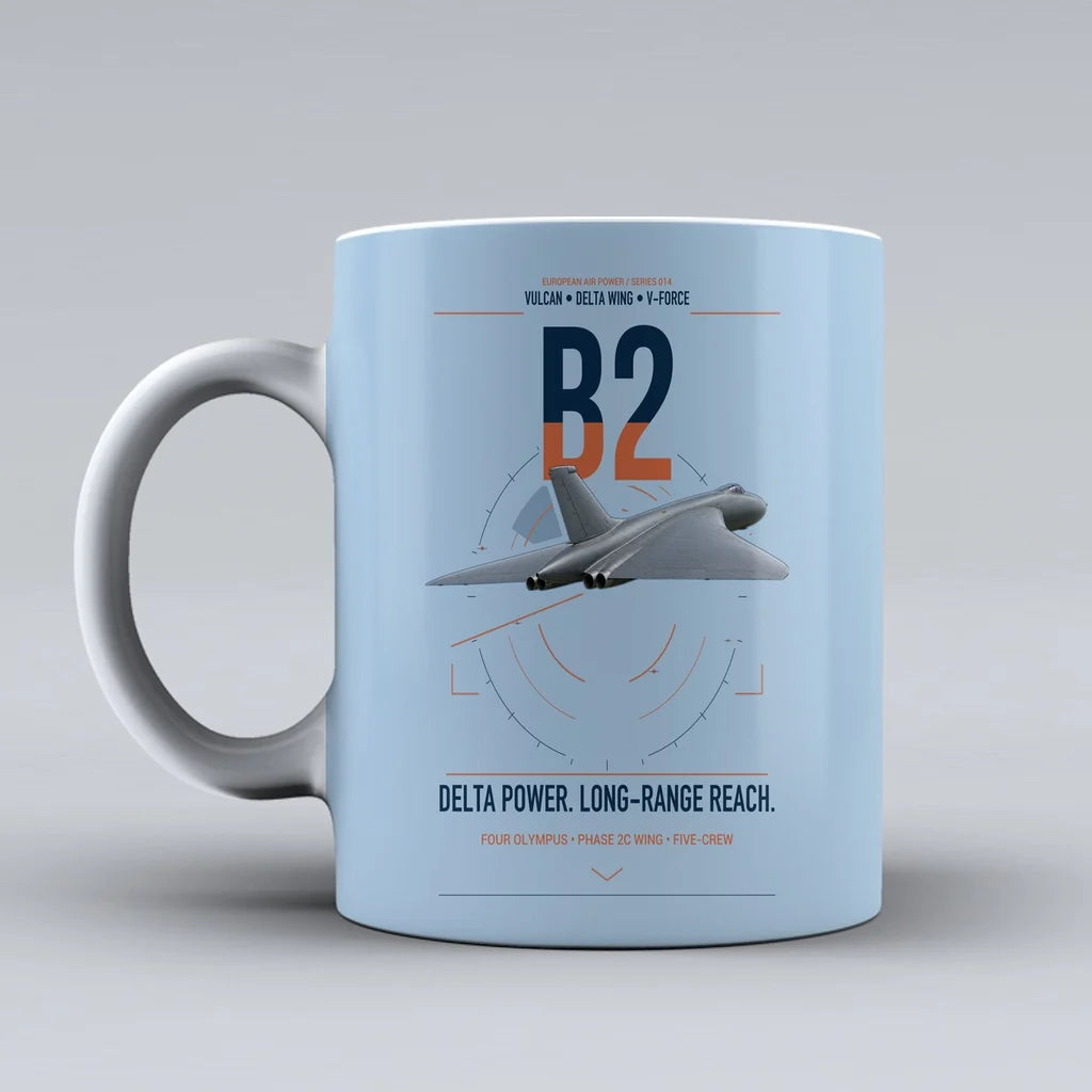Avro Vulcan B2 design on light blue ceramic mug, double-side print