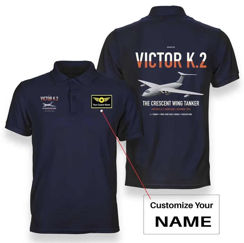 Handley Page Victor K.2 design on navy blue+name double-side polo t-shirt, double-side print