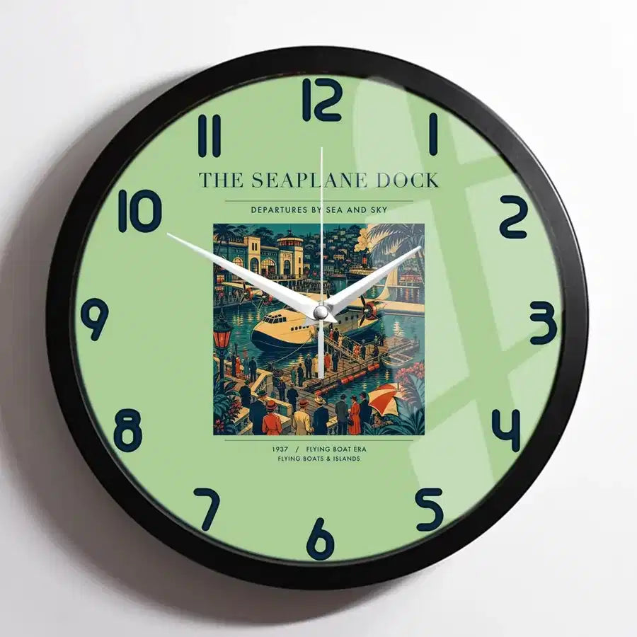 VINTAGE G4056 - The Seaplane Dock - Designed Wall Clocks design on lightgreen framed
