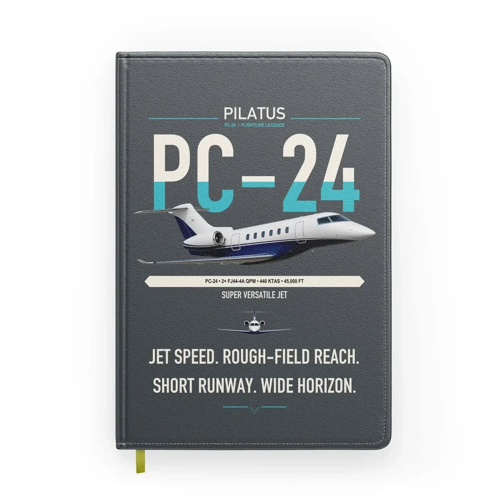 Pilatus PC-24 design on gray notebook