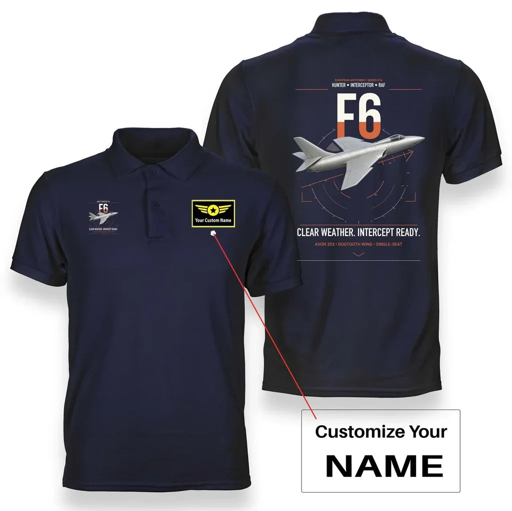 Hawker Hunter F6 design on navy blue+name double-side polo t-shirt, double-side print
