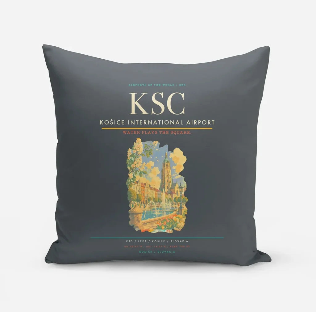 Košice International Airport (KSC) design on gray pillow